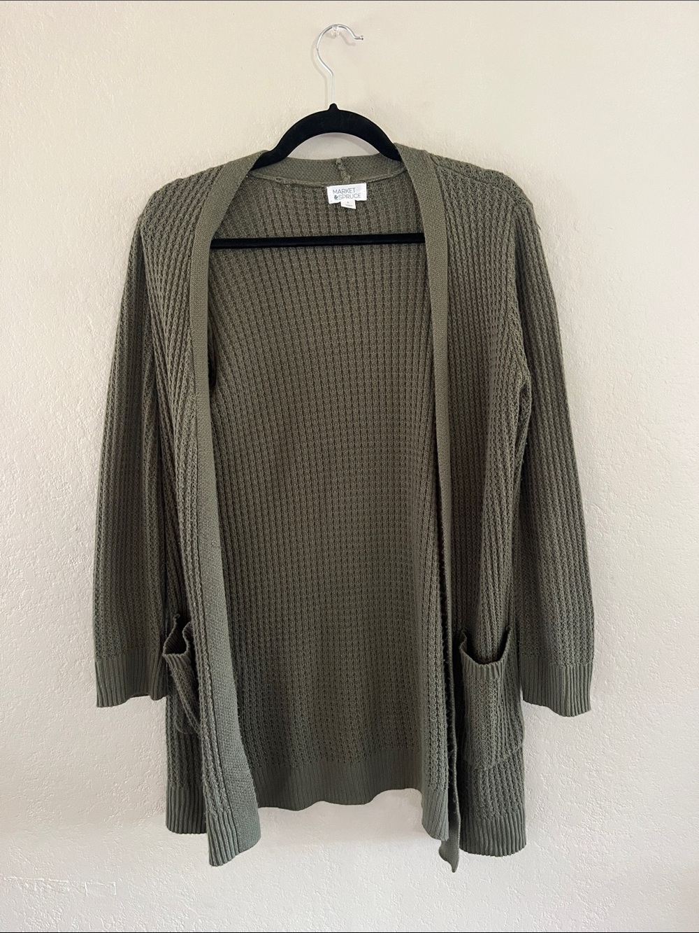 Market & Spruce Olive Open-Front Waffle Knit Cardigan